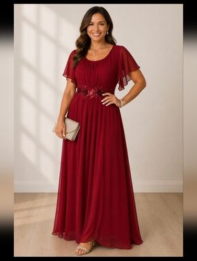 Ever Pretty Burgundy Chiffon Maxi Dress with Embellished Waist